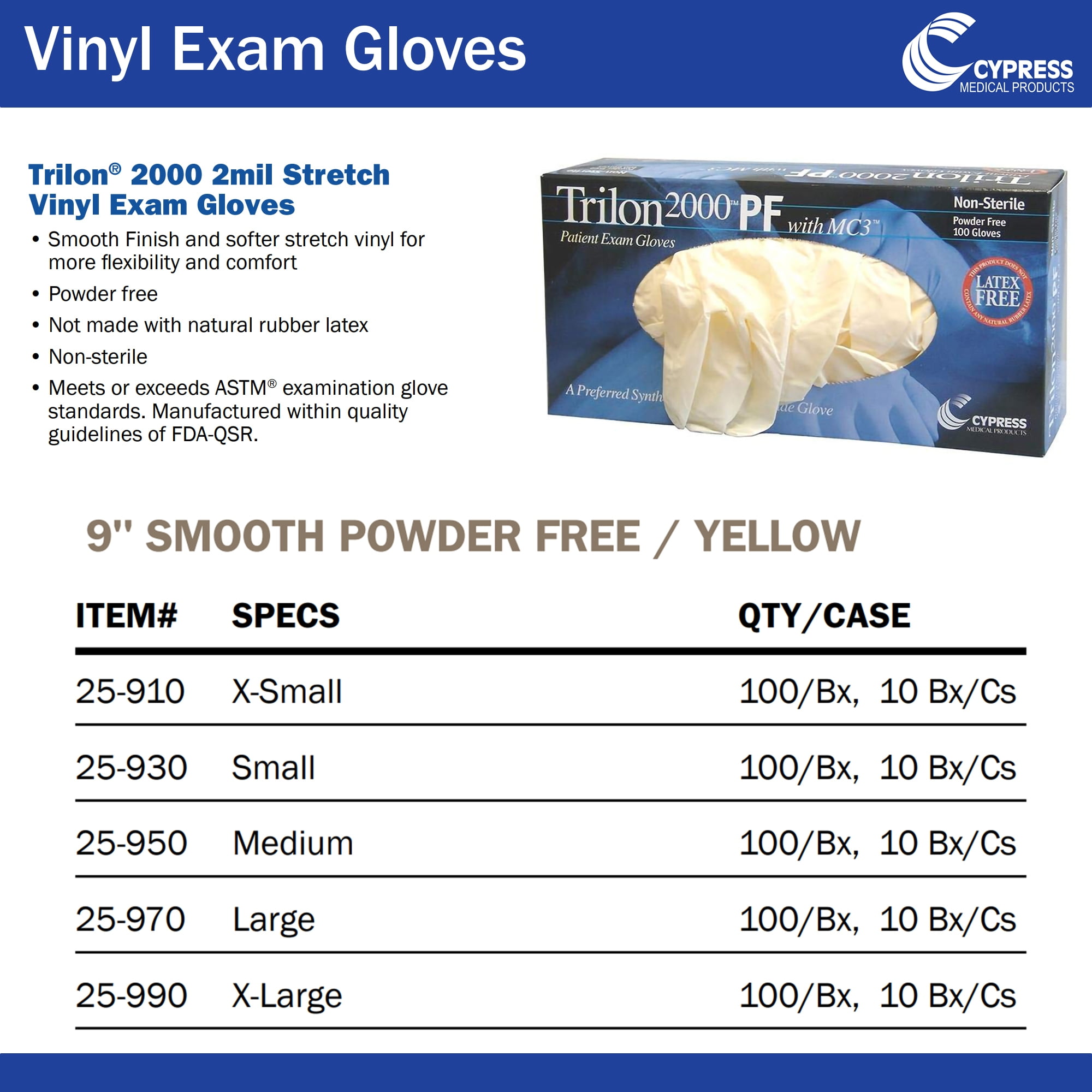 Trilon 2000 PF with MC3 Vinyl Gloves, Powder-Free, Latex-Free, Large, 100 Count, 10 Boxes, 1000 Total