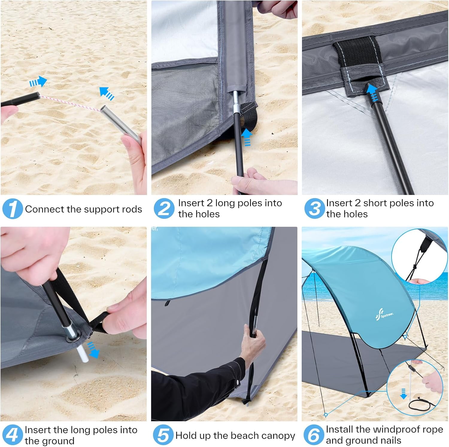 Unbranded Beach Tent Sun Shelter: UPF 50+ UV Protection Beach Canopy Tent Sun Shade for 2-3 Person, Easy Set Up Beach Tent Canopy with 8 Wind Ropes and 12 Ground Stakes for Beach, Size 96.5''x55.7''