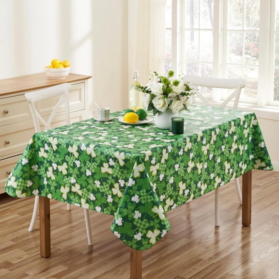 Serafina Home St. Patrick's Day Irish Vinyl Flannel Backed Tablecloth for Dining Room Kitchen Table Decor: St. Pat's Lucky Shamrock Clovers Green White Yellow Gold (St. Pats Plaid Sham, 52" x 70"