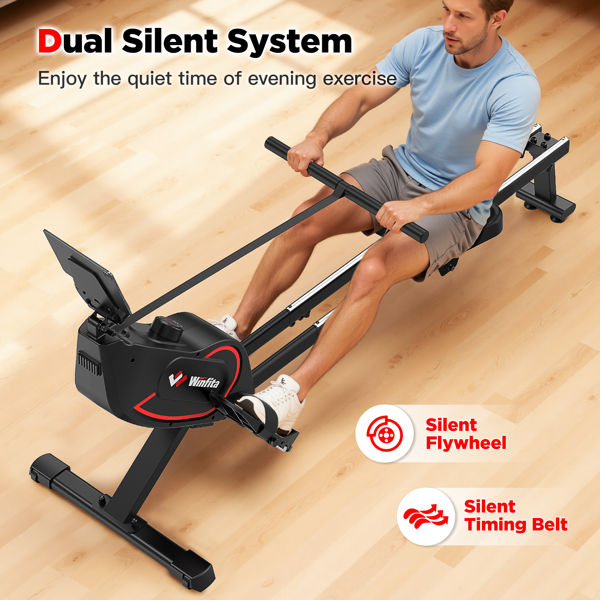 Winfita Rowing Machine for Home, Professional Magnetic Rower Machine Quiet Resistance Dual Slide Rail with Max 350lb Weight Capacity 90% Pre-assembled, Full-Body, Low-Impact Workouts