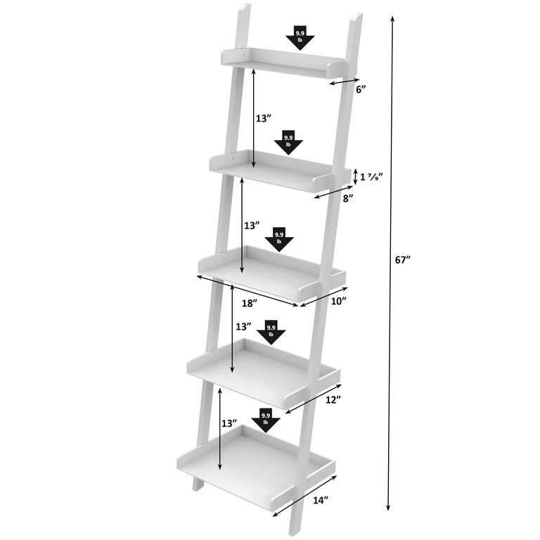 Ballucci 5 Tier Ladder Shelf Wood Leaning Bookshelf Modern Bookcase 67 H x 18 W White