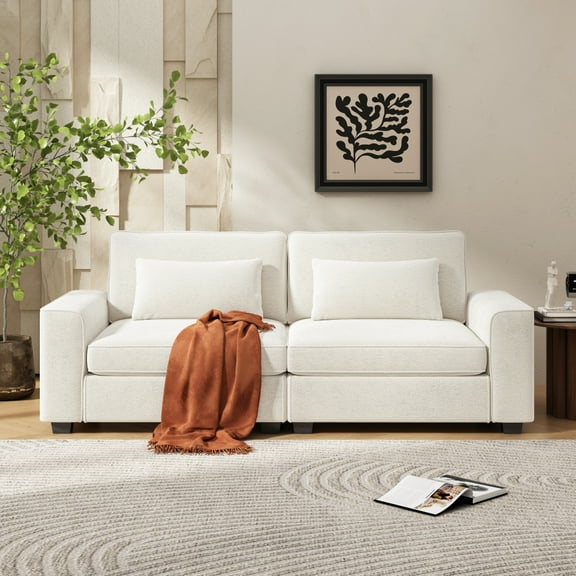 79.5" Modern Fabric Sofa with Plush Cushions, Sleek Arm Design, and Sturdy Solid Wood Frame，Beige