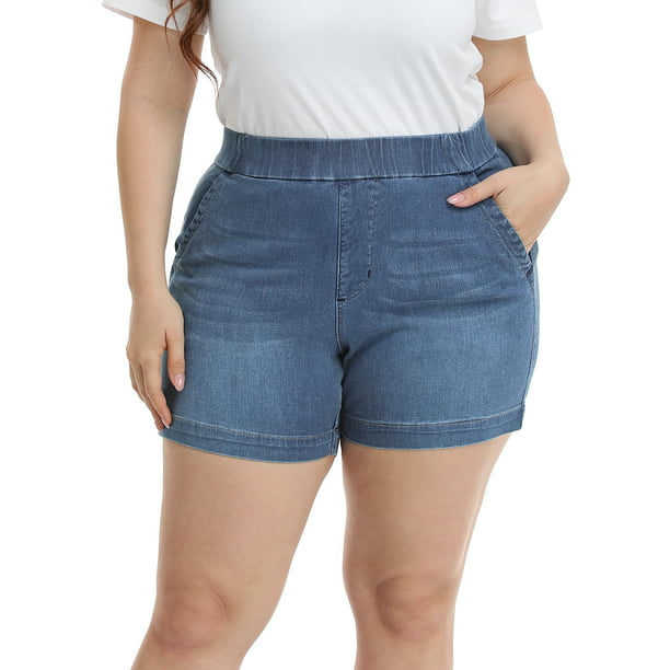 HDE Women's Plus Size Jean Shorts High Waisted Pull On Shorts Blue 18 ...