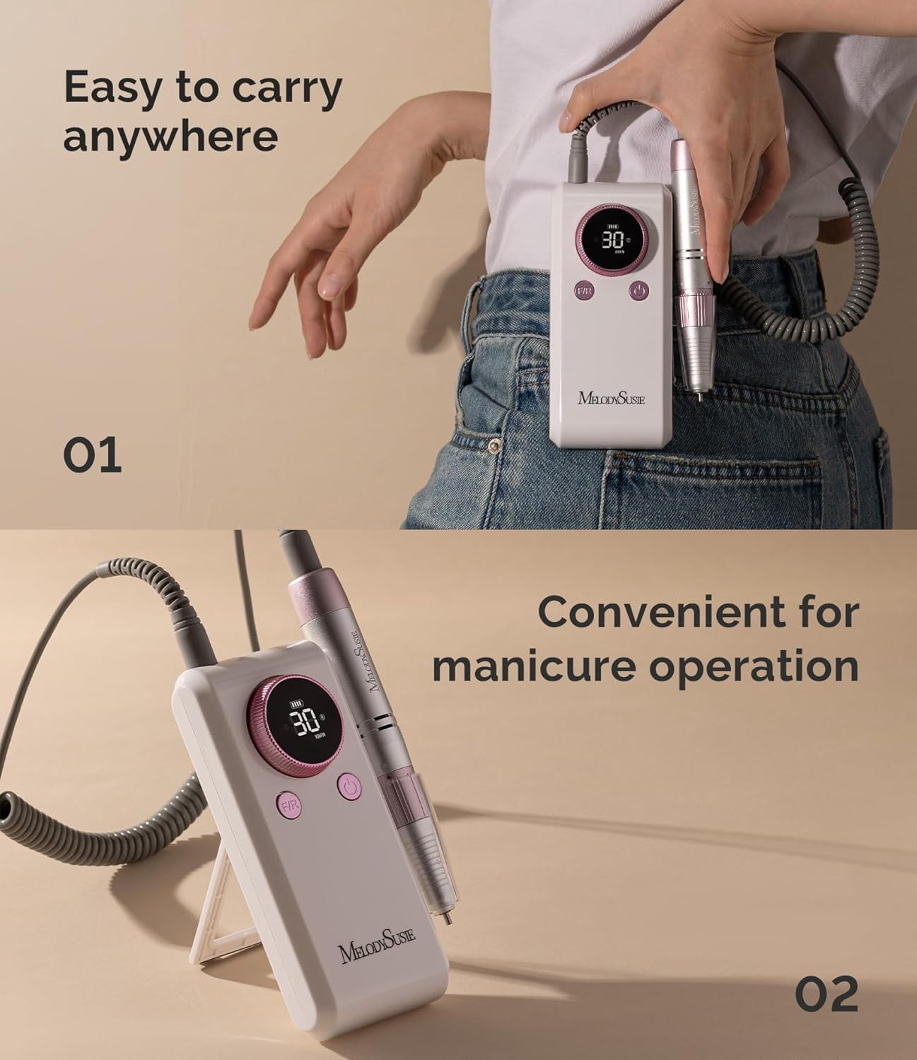 MelodySusie Professional Nail Drill, SC330G 2 in 1 Electric Nail File with Kickstand,  30000 RPM Portable Cordless Nail Machine for Manicure Acrylic Gel Polishing, Rose