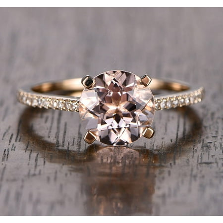 1.25 Carat Peach Pink Morganite (Round cut Morganite) and Diamond Engagement Ring in 10k Rose Gold, Women Engagement