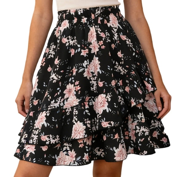 Women's Summer Tennis Skirts Floral Pleated Skirt Elegant A Line With Ruffle Trim And For Dressy Casual Summer Wear Black XXL