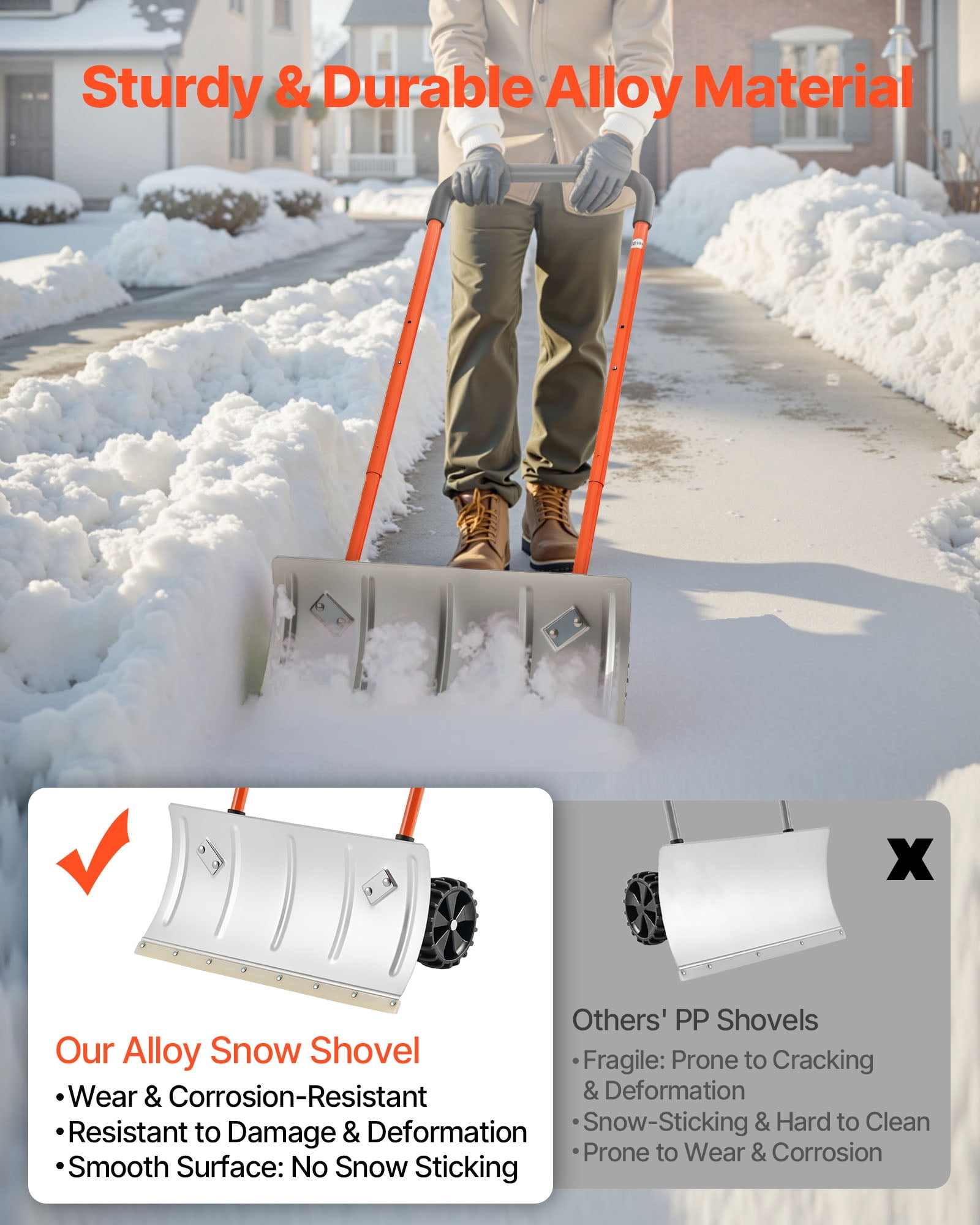 VEVOR Snow Pusher Shovel with Wheels,24 in Wheeled Snowplow Shovel with Bi-Directional Angled Blade & 90 Degree Adjustable Handle, Metal Winter Shovels, Portable Snow Removal Tool for Driveway Garden