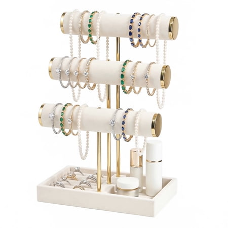 Coward Bracelet Holder, 3 Tier Bracelet Display Holder, Detachable Velvet Jewelry Holder Organizer for Necklace, Watches, Bangle, Scrunchie (Beige)