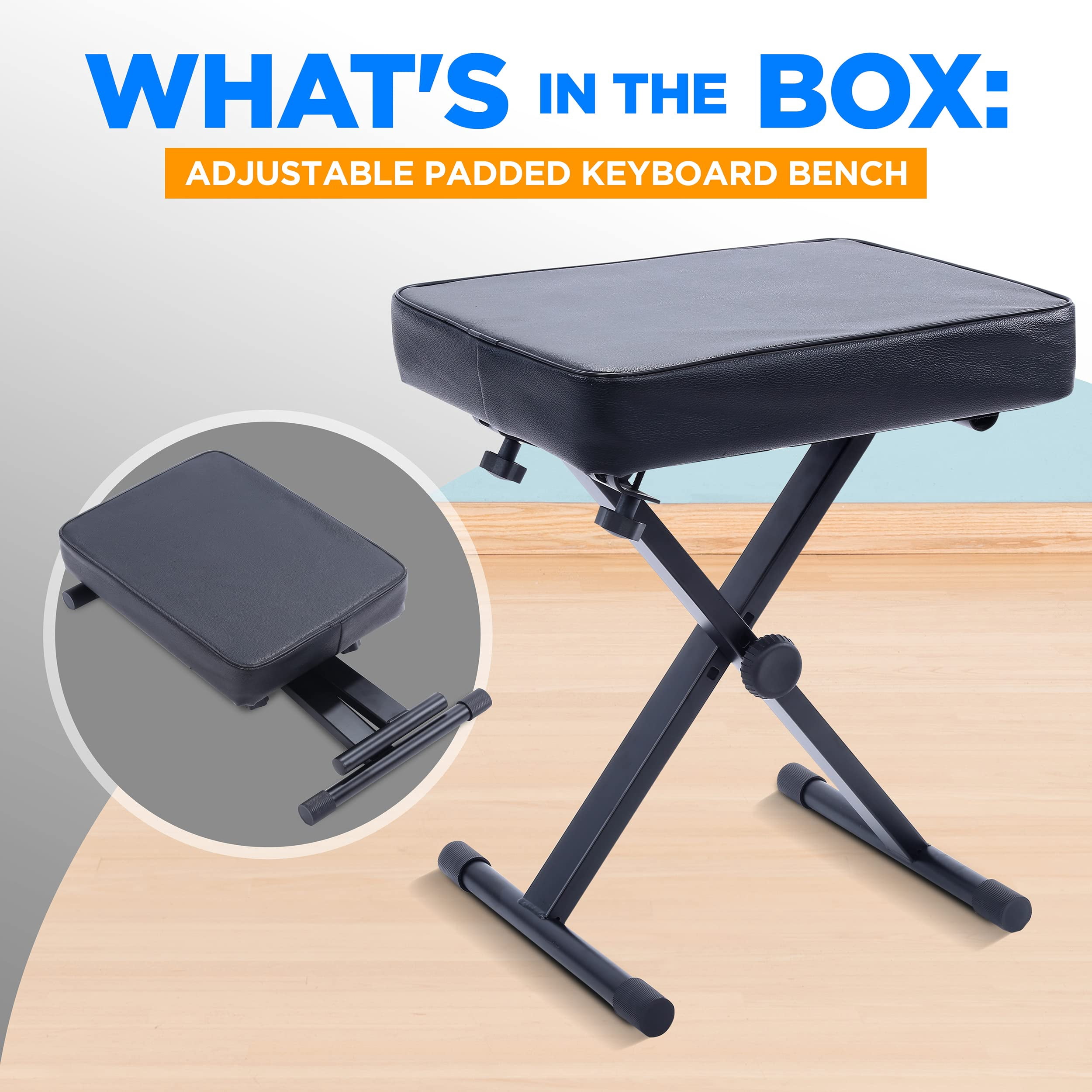 Adjustable Padded Keyboard Bench - Folding X-style W/ 3-position Height  Non-slip Rubber Feet And Thick Cushion Seat Ideal For Stand Benches