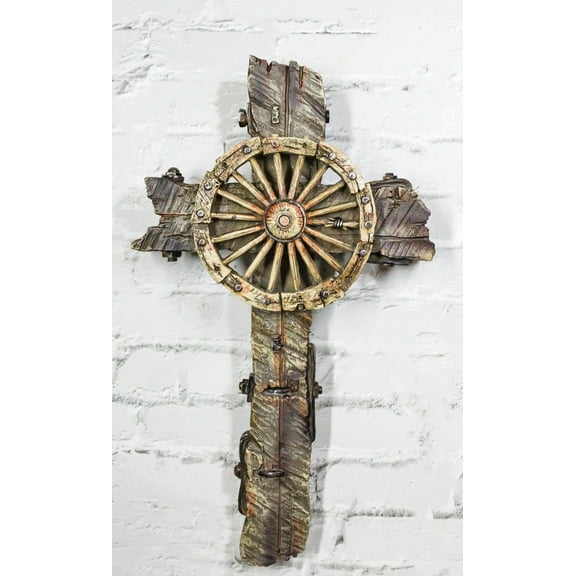 Rustic Western Vintage Country Cowboy Wagon Wheel Faux Wooden Wall Cross Plaque