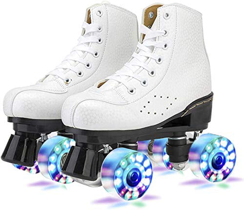 Womens Roller Skates PU Leather High-top Roller Skates Four-Wheel Shiny Roller Skates for Indoor Outdoor with Bag 