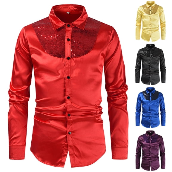 Miluxas Men's Shiny Sequins Design Silk Like Satin Button Up Disco Party Dress Shirts Red