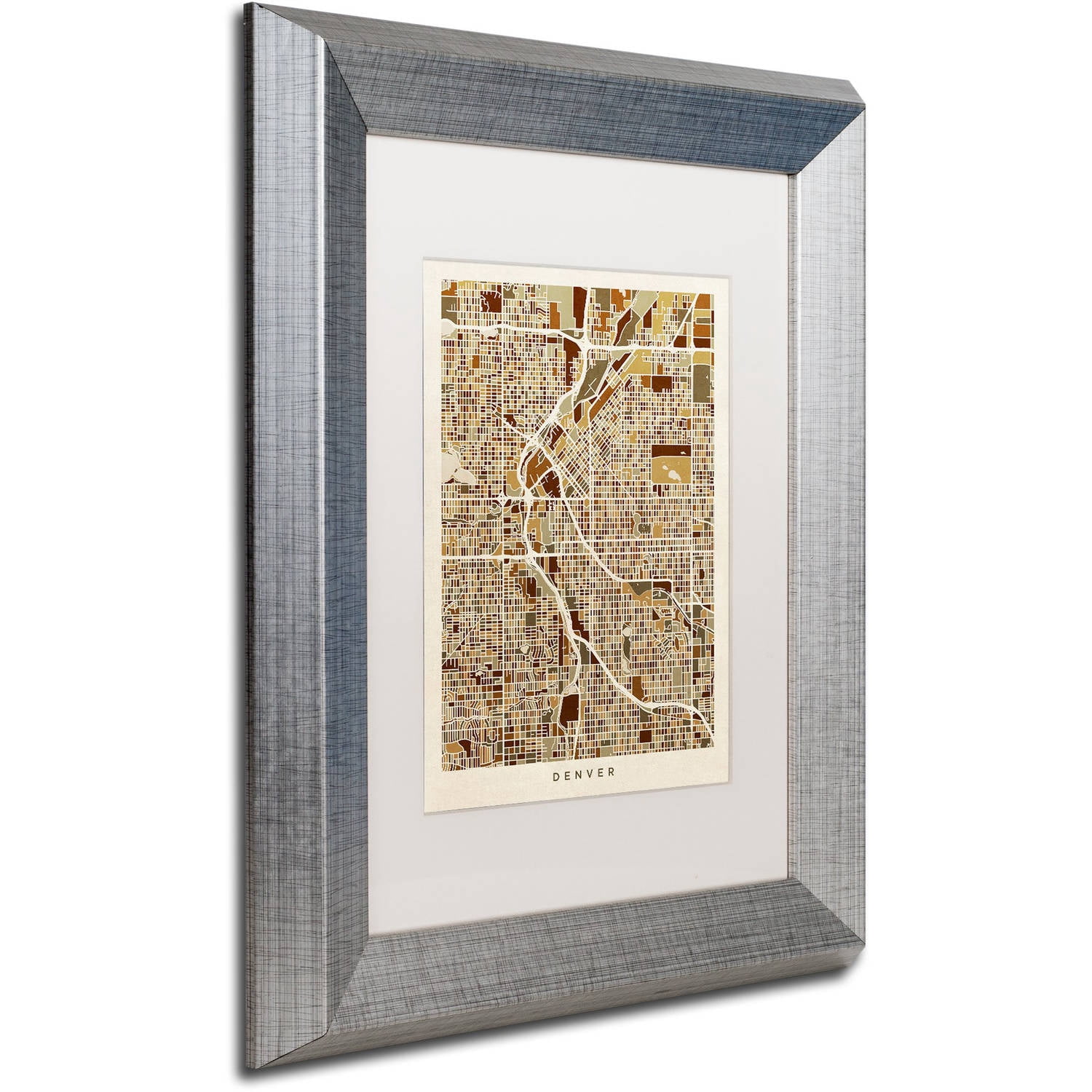 Trademark Fine Art "Denver CO Street Map Brown" Canvas Art by Michael Tompsett, White Matte, Silver Frame