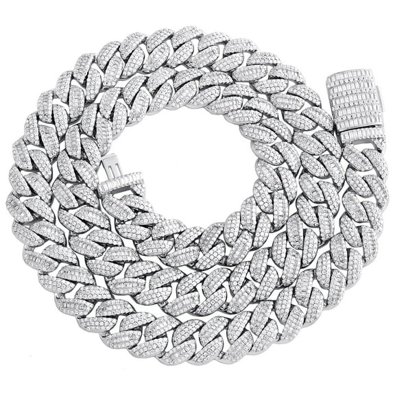 925 Silver Baguette Moissanite Custom Clasp 12mm Miami Cuban 22" Chain 28.39 CT