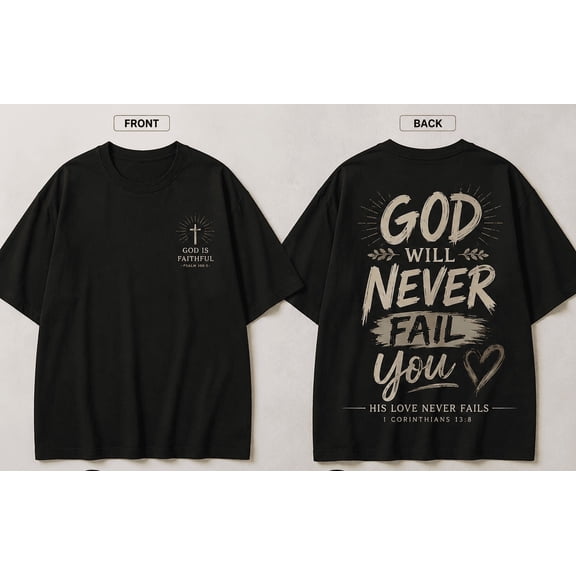 Christian Faith Graphic T-Shirt for Men & Women, God Will Never Fail You Bible Verse Vintage Washed Religious Tee
