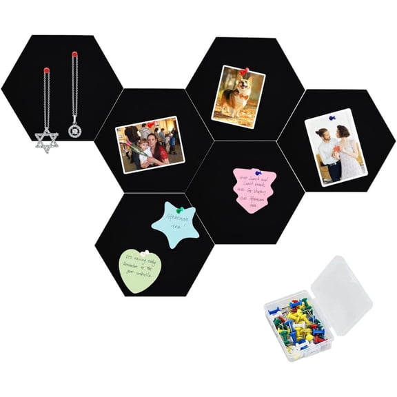 6 Pcs Hexagon Bulletin Board with 50 Pushpins & Sticky Note Adhesive Cork Board for Wall，Felt Pin Board for School，Office Decor（Black）