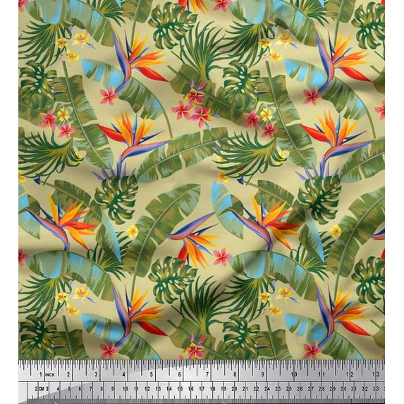 Soimoi Modal Satin Fabric Tropical Leaves,Plumeria & Heliconia Floral Printed Craft Fabric by The Yard 42 Inch Wide