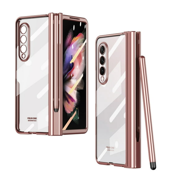 Case for Samsung Galaxy Z Fold 4 5G,Allytech Transparent Plating Clear Shockproof Case Pen Holder Built-in Tempered Glass Screen Protector Cover Pen Stylus,Rosegold