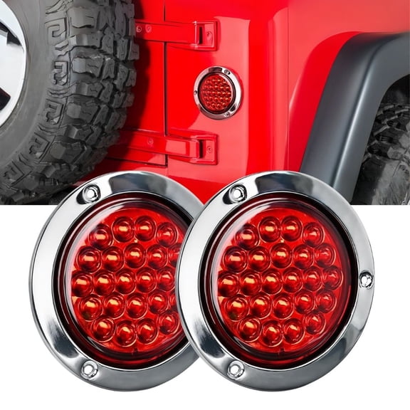 Waywe 4Inch Round Tail Light 2PCS Red 24LED w/Stainless Steel Chrome Bezel Waterproof Stop Brake Turn Signals Lights for Truck Trailer RV Lorry Boat Tractor