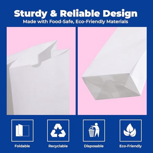 Fit Meal Prep 500 Pack 4 lb White Paper Lunch Bags, 9.75 x 5 x 3.13" Premium White Paper Bags Bulk for Small Business, Recyclable Snack Sacks, Durable Grocery Bag for Food Storage, Packing
