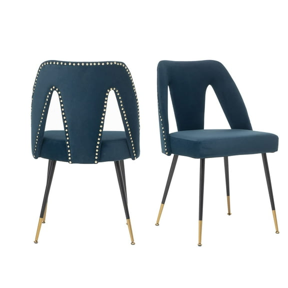 HomePerch Set of 2 Modern Velvet Dining Chairs, Upholstered Accent Side Chairs with Nailhead Trim & Gold Metal Legs – Blue