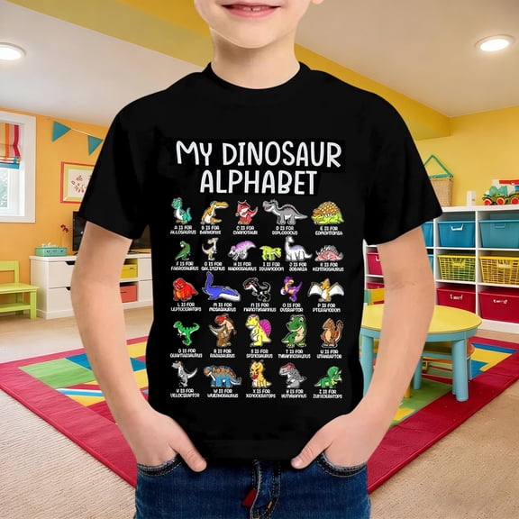 RUTAYY Boys T Shirt Crew Neck Short Sleeve Dinosaur Letter Print Top Daily Outdoor Wear Black