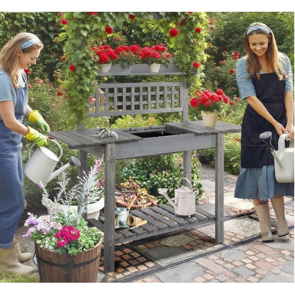 Outdoor Potting Bench Table, Wooden Workstation, Storage Shelf and Dry Sink