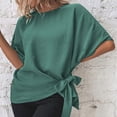 thumbnail image 6 of Women Summer Top Knotted Hem Back Pleated Midline Keyhole Back Half Sleeves Round Neck Summer Shirt Top Bean Green S, 6 of 8