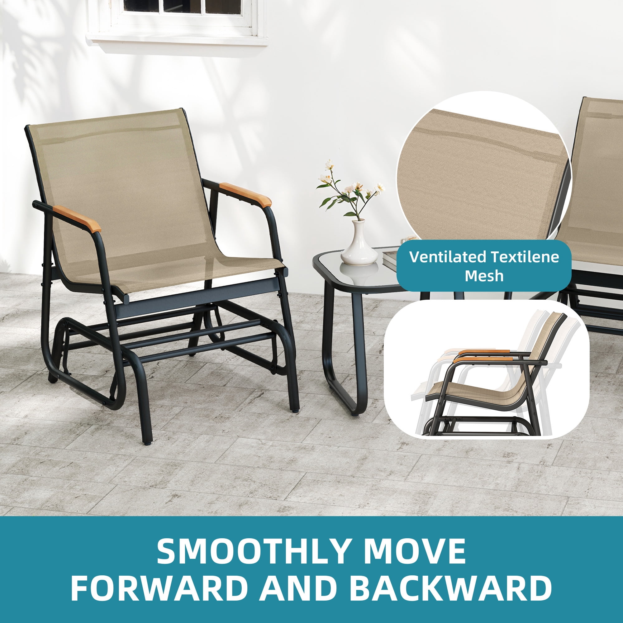 Uforic 3-Piece Patio Furniture Set, Outdoor Textilene Glider Bistro Set with 2 Glider Chairs & Tempered Glass Coffee Table, Heavy Duty Outdoor Seating Set for Backyard, Garden, Balcony, Brown
