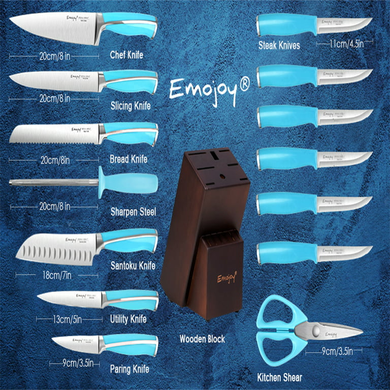 Knife Set, Emojoy 15 Piece Kitchen Knife Set with Block Wooden