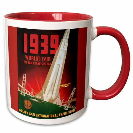 3dRose 1939 Worlds Fair on San Francisco Bay Travel Poster in Red and Green - Two Tone Red Mug,