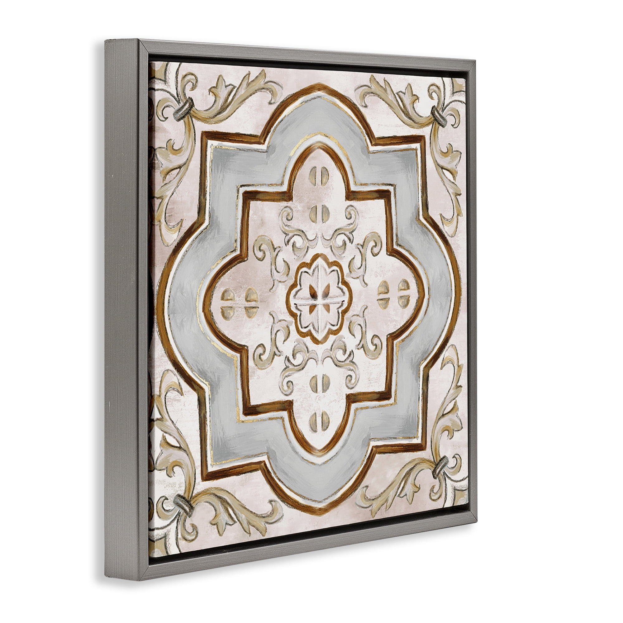 Stupell Industries Traditional Symmetrical Tile Abstract Painting Gray Floater Framed Canvas Art Print Wall Art, 18 x 18