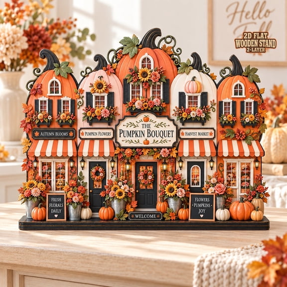 Halloween Flower Shop Wooden Block, Pumpkin Bouquet Tabletop Display for Fall