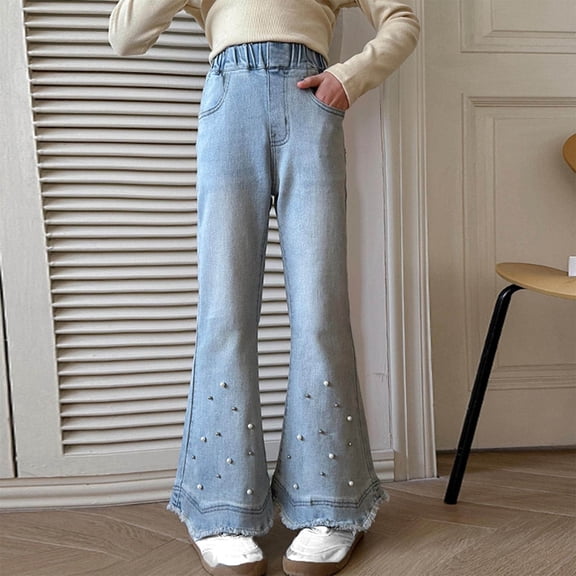 hengsof Kids Girls Slim Fit Wide Leg Jeans Casual Jeans Sweet Pearl Embellished Jeans Summer Elastic Waist Edge Wide Leg Jeans Fashionable Kids Jeans with Pockets Sizes 5-15 Years