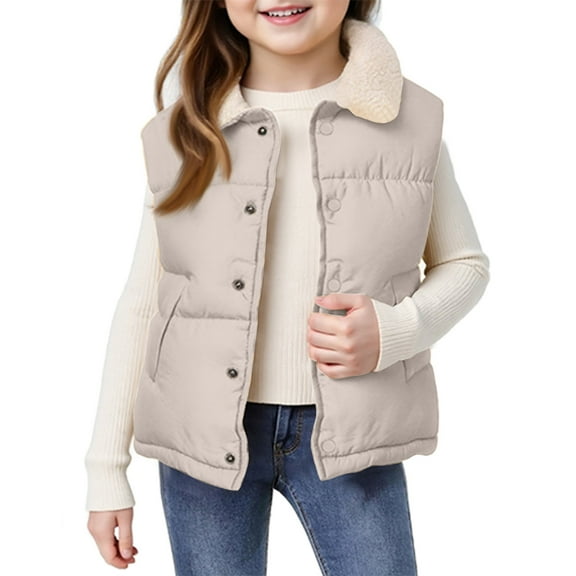 Girls Puffer Vest Sherpa Lined Button Waistcoat Lightweight Sleeveless Jacket Girls Winter Vest Warm Quilted Outerwear for Kids Beige 110