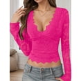 thumbnail image 4 of Aivtalk Lace Tops for Women V-Neck Long Sleeve Crop Shirt Double Lined Slim Fitted Y2K Going Out Blouse Fuchsia S, 4 of 7