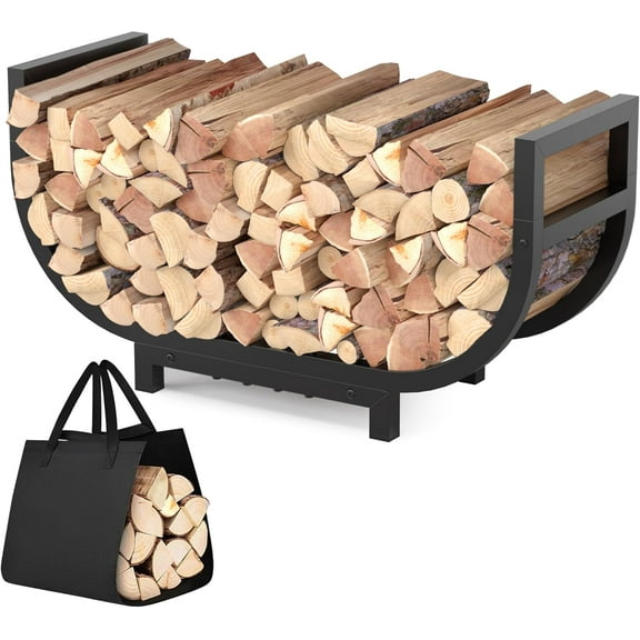 30-inch Firewood Rack Outdoor Indoor with Log Carrier Bag, Stable Log Holder Rustproof Metal Wood Rack for Fireplace Patio Deck Firepit, Heavy Duty Firewood Storage Organizer Tool, Black