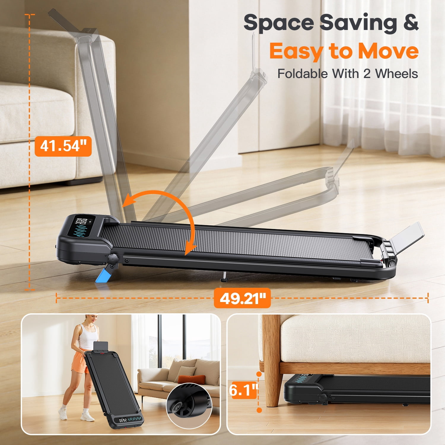 YZRUN Walking Pad, Folding Treadmill with Incline, Portable Treadmills with Handlebar, Under Desk Walking Pad for Home Office,320 lbs Capacity