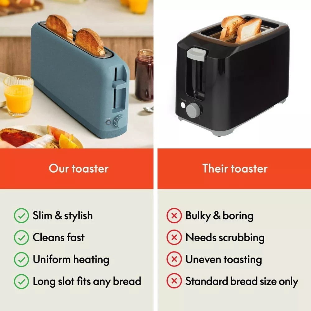 2-Slice Slim Toaster, 900 Watts, Metal Material, 6.85H x 14.88W x 3.58D