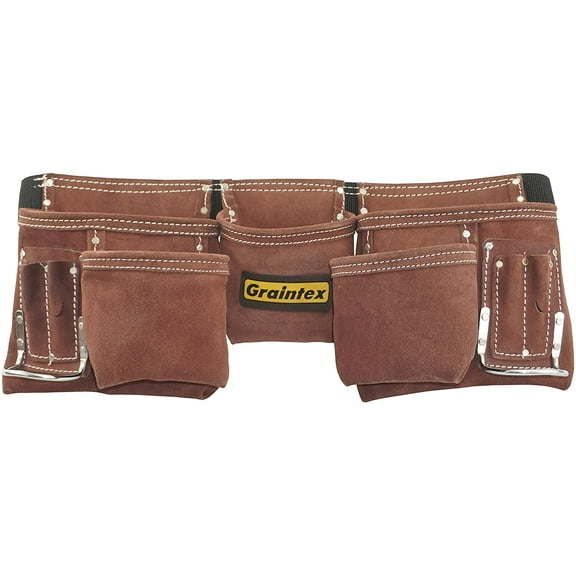 Graintex DS2966 11-Pocket Professional Work Apron Brown Color Suede Leather with 2" Webbing Belt, 2 Hammer Holders for Constructors, Electricians, Plumbers, Handymen, Contractors