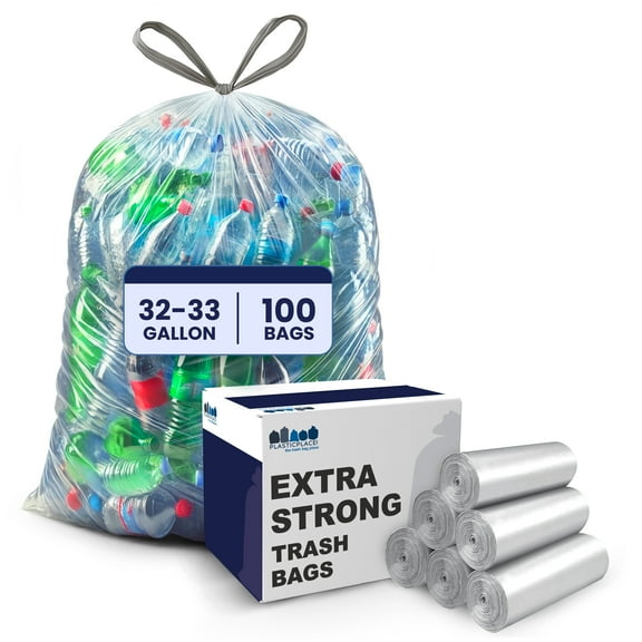 Plasticplace 32-33 Gallon Recycling Bags │ 0.9 Mil │ Clear Drawstring Garbage Can Liners │ 33" x 38" (100 Count)