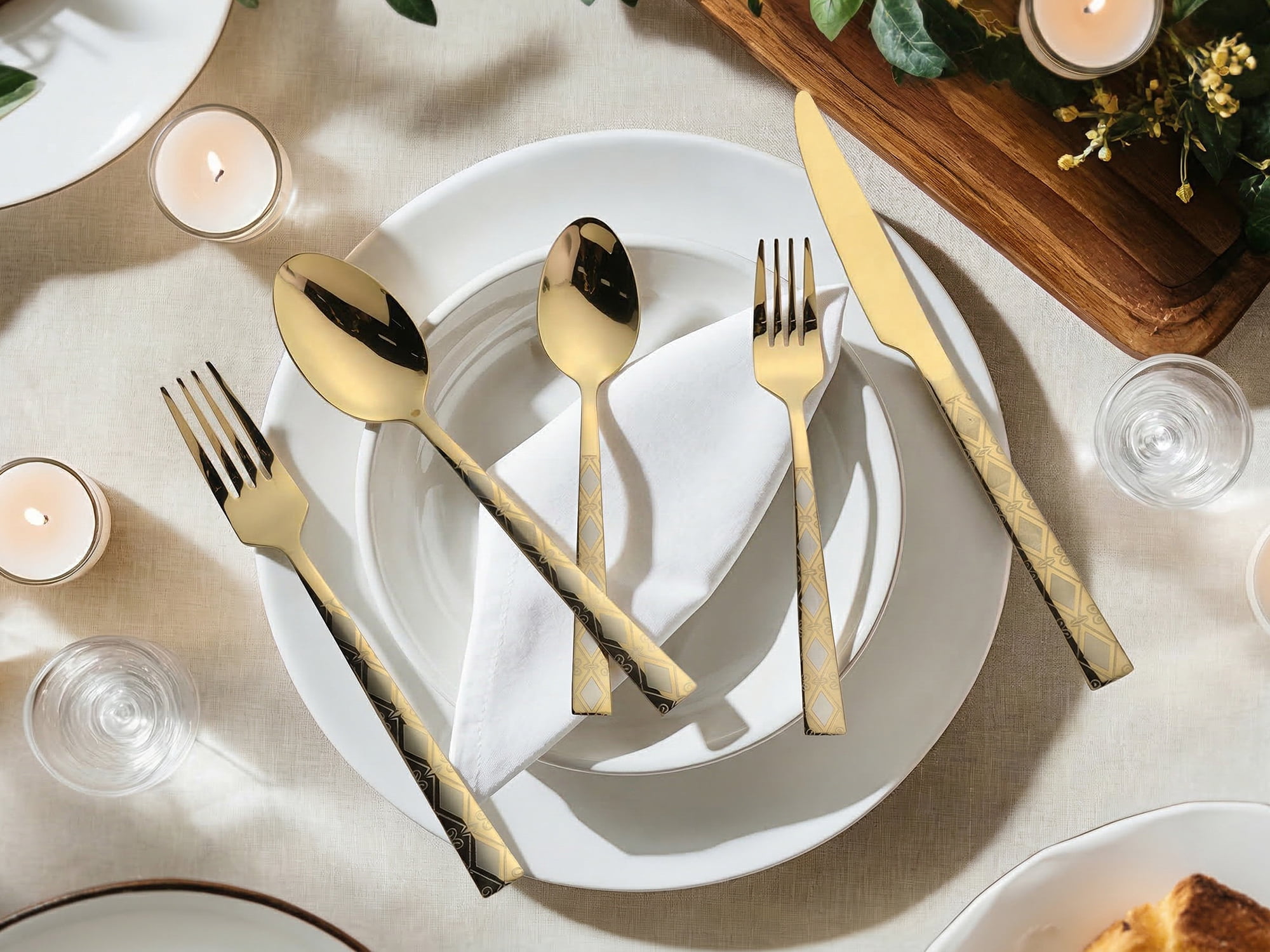 Unique Bargains 20 Piece Stainless Steel Flatware Set for 4 Vintage Cutlery Gold