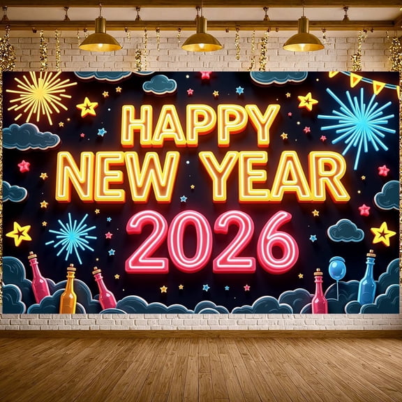 Neon Style Happy New Year Banner Firework Design 2026 New Year Banner Star Decoration Pattern New Year Eve Banner for New Year Party Holiday Celebration Indoor Decoration