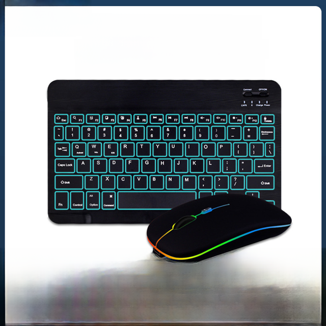 Teclado Bluetooth retroiluminado para iPad, teléfono móvil, tableta, teclado luminoso de siete colores, ratón, apto para ruso y español