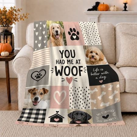 Heartfelt Dog Lover Patchwork You Had Me At Playful Pet Portrait Pattern Warm Flannel Blanket for Living Room and Bedroom Dog Lovers Pet Adoption Gift Pet Lover Home Decor