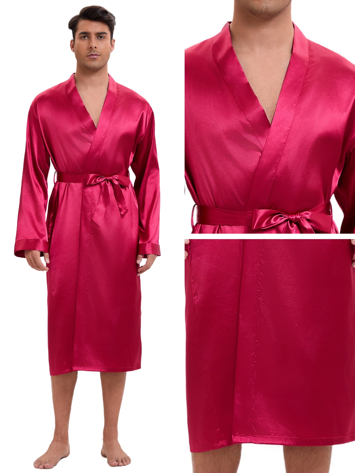 DARING DIVA Men's Long Sleeve Kimono Bathrobe Sleepwear with Shorts Set M Red