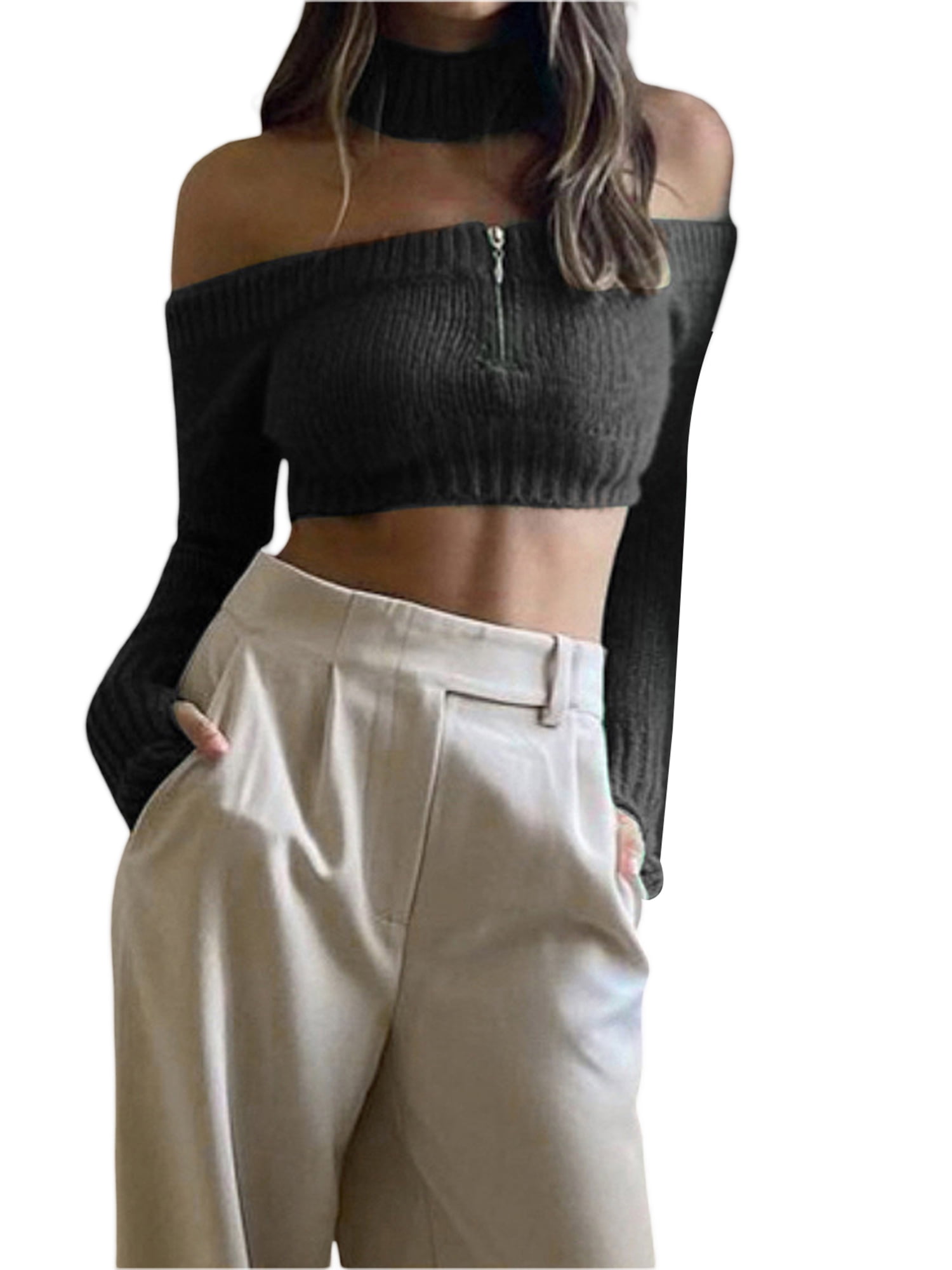 Liacowi Women Crop Knitwear Long Sleeve Off Shoulder Sweater Zip Tops