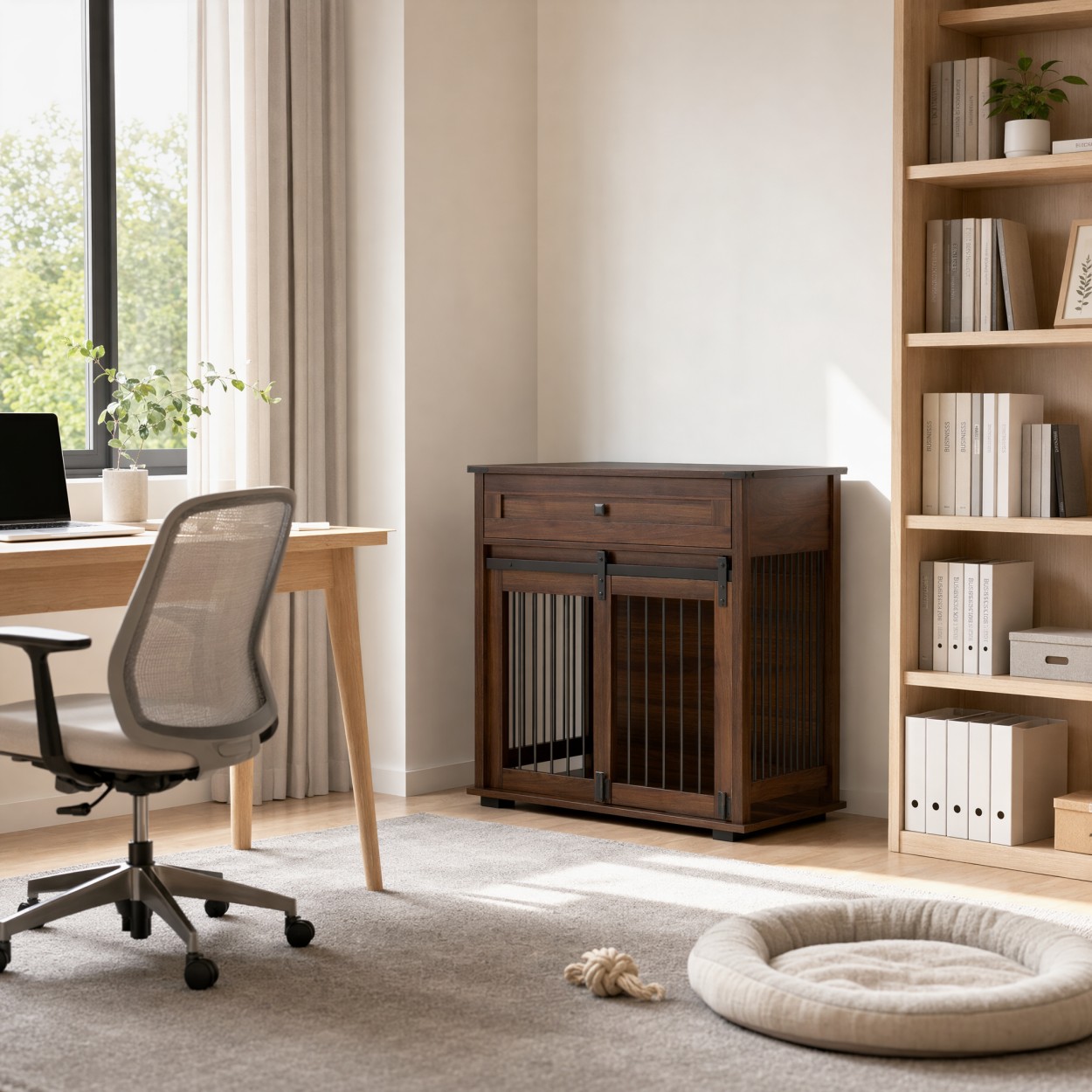 Dog Crate Furniture with Sliding Barn Door, Storage Drawer & Metal Bars, Heavy Duty Indoor Kennel End Table for Small & Medium Dogs, Walnut