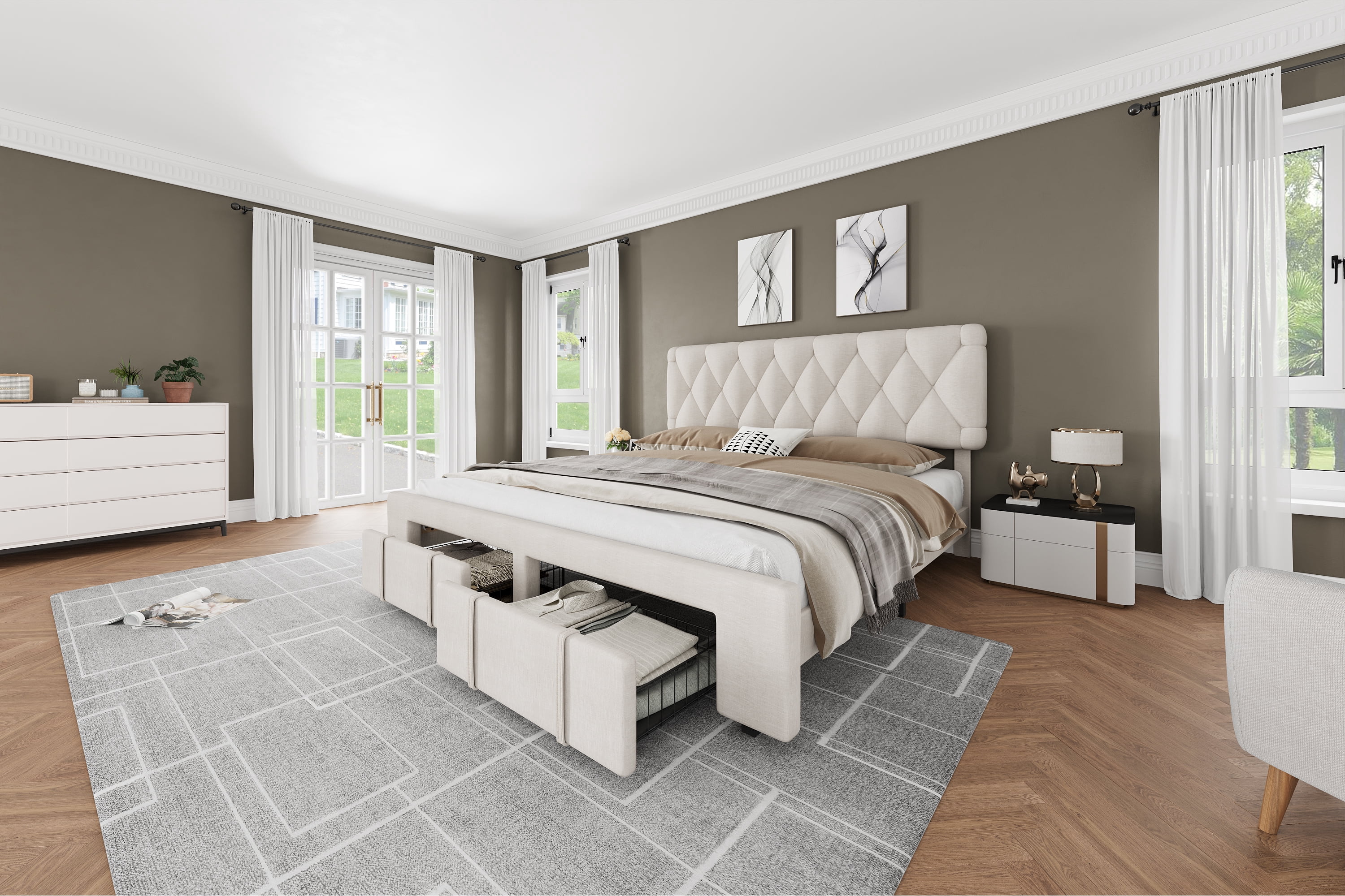 Towallmark King Size Bed Frame,with 2 Storage Drawers, Upholstered Platform Bed Frame No Box Spring Needed, Noise-Free, Easy Assembly