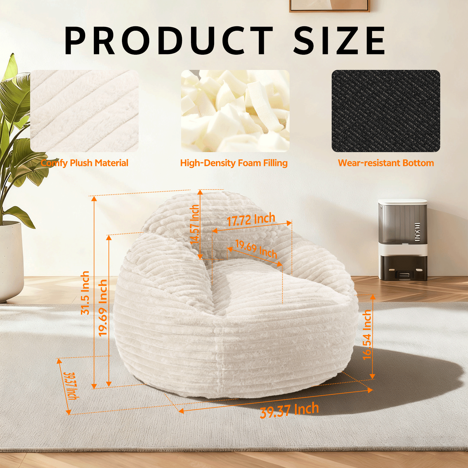 Oversized Bean Bag Chair, Beanbag for Adults, Comfy Refillable Single Sofa for Living Room, Bedroom, Dorm, Beige